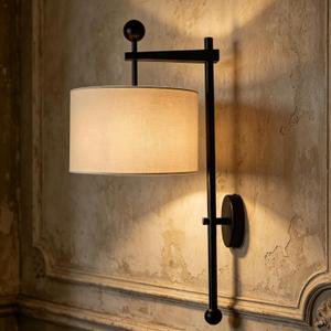 27.5" Modern Forged Iron Wall Sconce with Beige Linen Shade, Elegant Industrial Wall Light for Bedroom Living Room Hallway