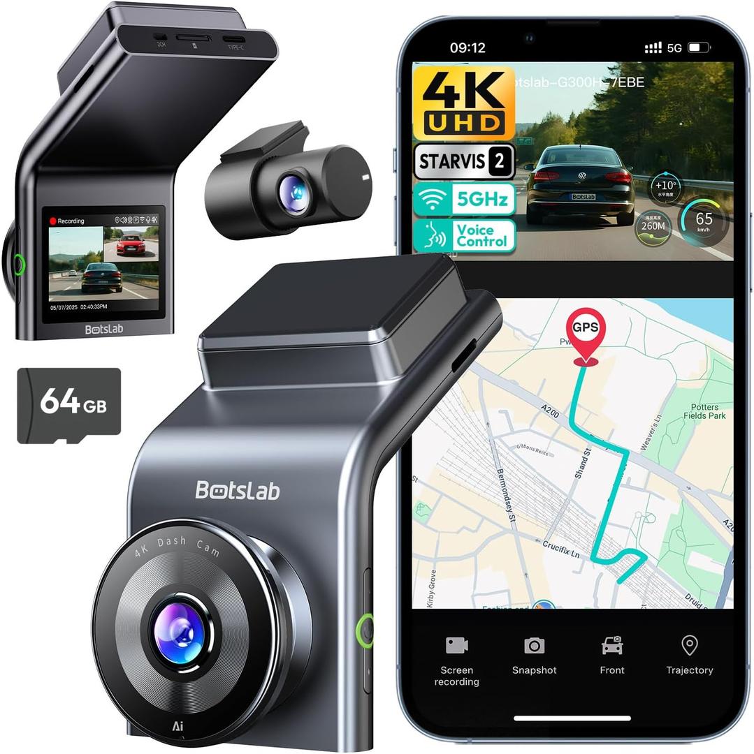 BOTSLAB 4K Dash Cam Front and Rear, STARVIS 2 Sensor, Voice Control, 64GB Card Included, 5GHz WiFi Dashcam Front and Rear Camera, Built in GPS, WDR Night Vision, 170Wide Angle, 24H Parking Mode