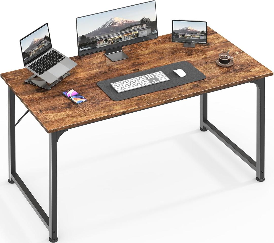 Huuger Modern Simple Office Desk, 40 Inch Gaming Desk with Storage, Black Metal Frame, Large Legroom (Brown)