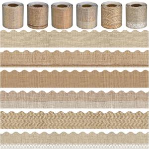 6 Rolls 196.8 Ft Burlap Bulletin Board Border Set - Retro Farmhouse Theme Trim - Perfect for Birthday, Classroom, Office & Back to School Decorations - Teacher Decor, Wall & Supplies