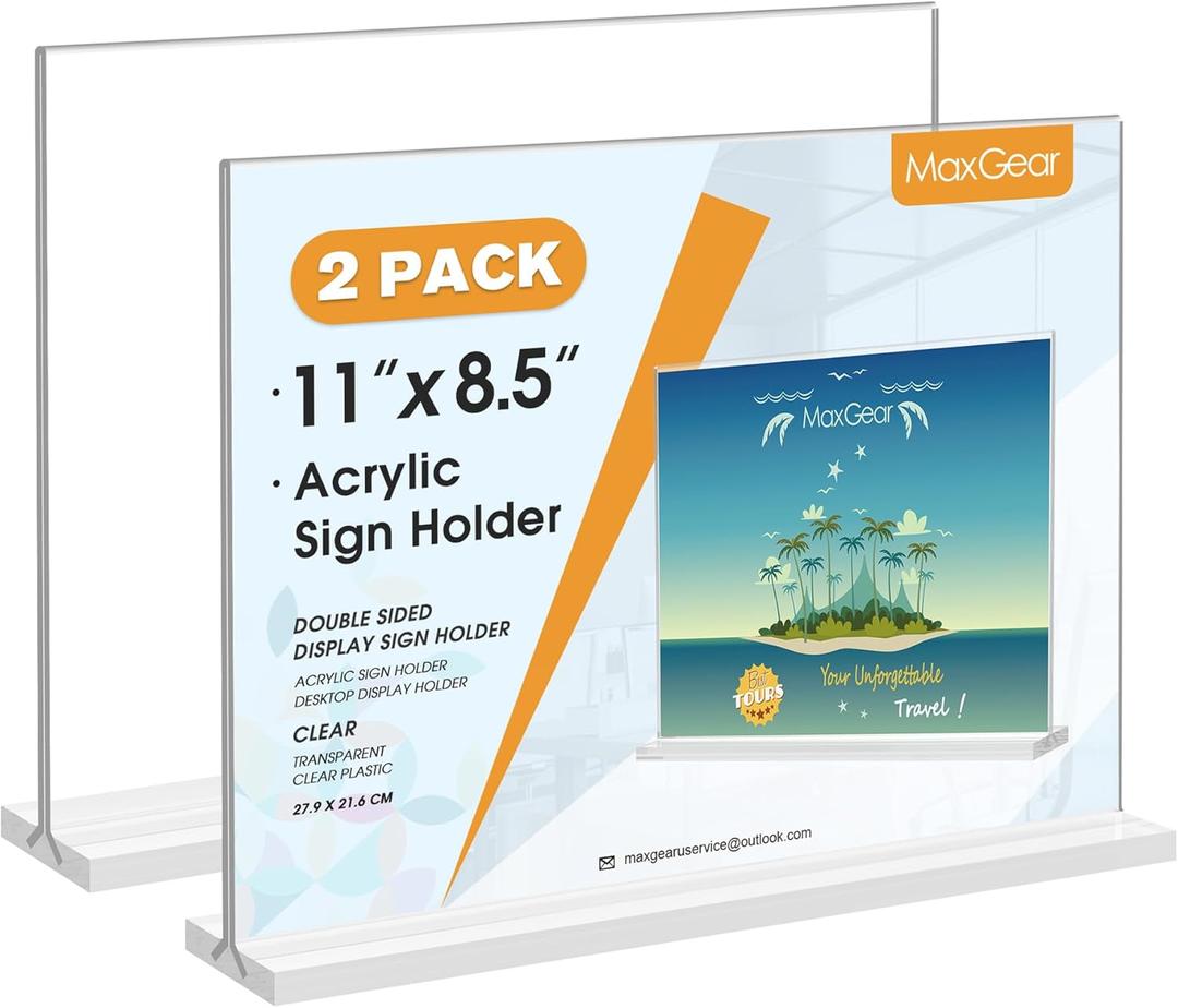 MaxGear 8.5 X 11 Acrylic Sign Holder Horizontal 2Pack, Double Sided Display Stand, Clear Table Sign Flyer Menu Holders, Plastic Paper Stand Picture Frame for Office, Store, Restaurant MaxGear 8.5 X 11 Acrylic Sign Holder Horizontal 2Pack, Double Sided Display Stand, Clear Table Sign Flyer Menu Holders, Plastic Paper Stand Picture Frame for Office, Store, Restaurant