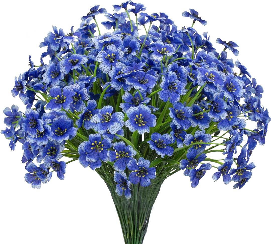 15 Bundles Artificial Flowers UV Resistant Outdoor Plants No Fade Faux Plastic Shrubs Fake Silk Flowers Window Box Garden Porch Home Decoration(Blue)