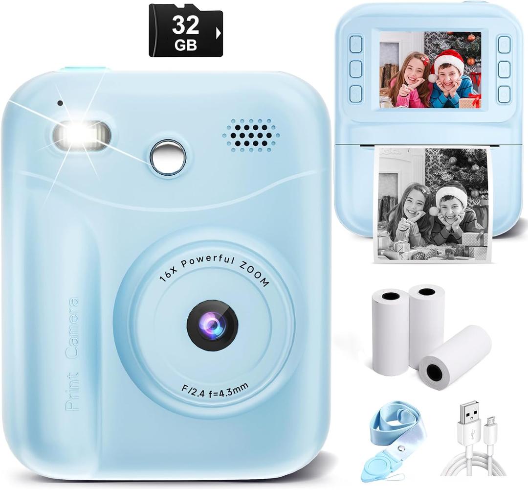 MINIBEAR Kids Camera Instant Print, 48MP Instant Print Camera for Kids 1080P Toddler Digital Video Camera Christmas Birthday Gifts for 3 4 5 6 7 8 9 10 Year Old Boys Toys, 3 Rolls Print Paper, Blue