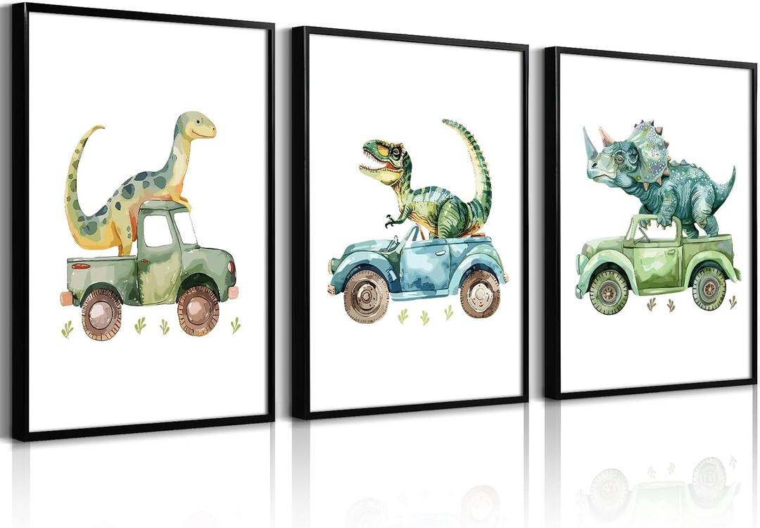 Dinosaur Nursery Wall Art Kids Canvas Poster Baby Boy Nursery Wall Decor Green Dino Pictures Toddler Prints Cartoon Dino Car Painting Boys Room Artwork for Bedroom Bathroom 12x16x3 Inch Unframed