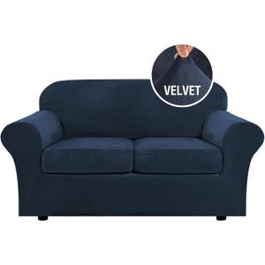 H.VERSAILTEX Real Velvet Plush 3 Piece Stretch Sofa Covers Couch Covers for 2 Cushion Couch Loveseat Covers Width Up to 72 Inch Feature Thick Soft Stay in Place (Medium Sofa, Navy)