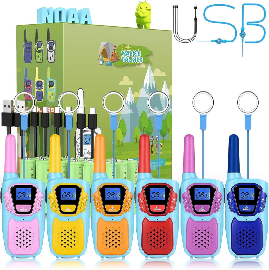 Walkie Talkies for Kids Long Range Walkie-Talkie for Adults Rechargeable 6 Pack with Lanyard NOAA USB, Family Pink 2 Way Radio Toys for 3-12 Year Old Boys Girls Toddlers Camping Skiing (Blue Red Orange Yellow Purple Pink)