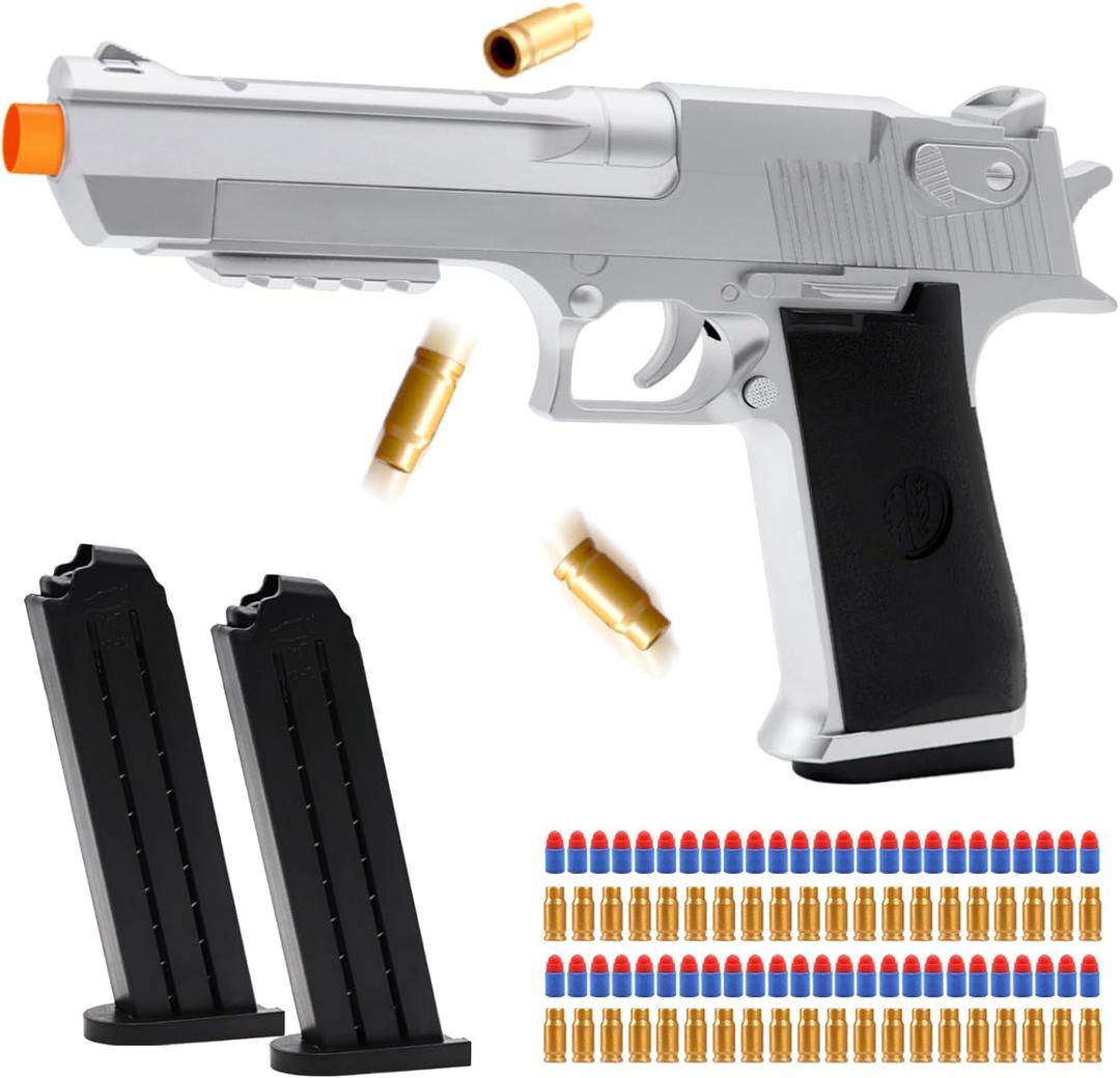 Soft Bullet Toy Gun Shell Ejecting with 50 Bullets, Silver Toy Guns for Boys, Toy Pistol Fidget Gun, Realistic Play Gun Model, Halloween Christmas Birthday Gifts for Boys Kids Adults Age 8+