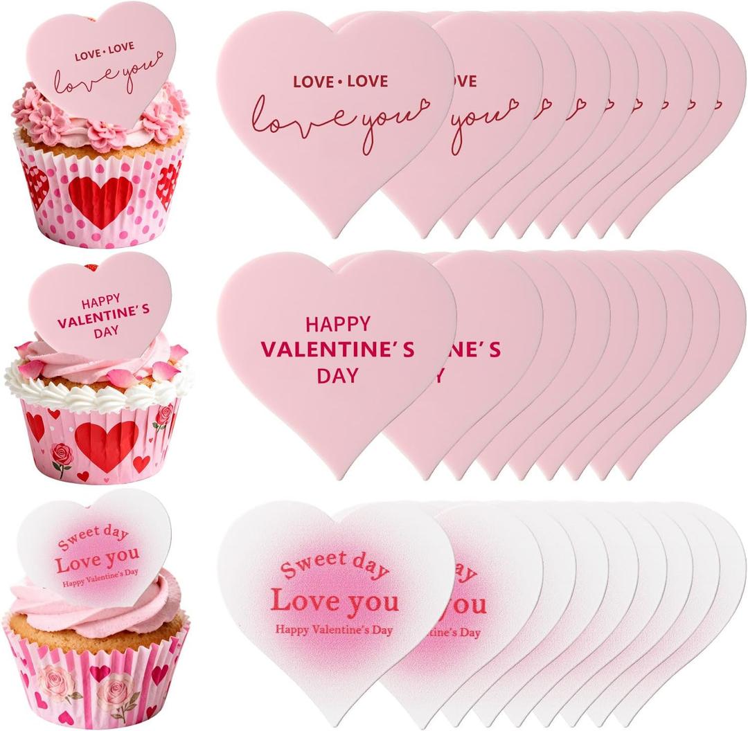 30PCS Happy Valentines Day Cake Toppers, Acrylic Cupcake Toppers 3 Different Pattern Heart Shape Custom Cupcake Picks for Valentines Party Anniversary Pastries Decorations (30 Pink Heart)