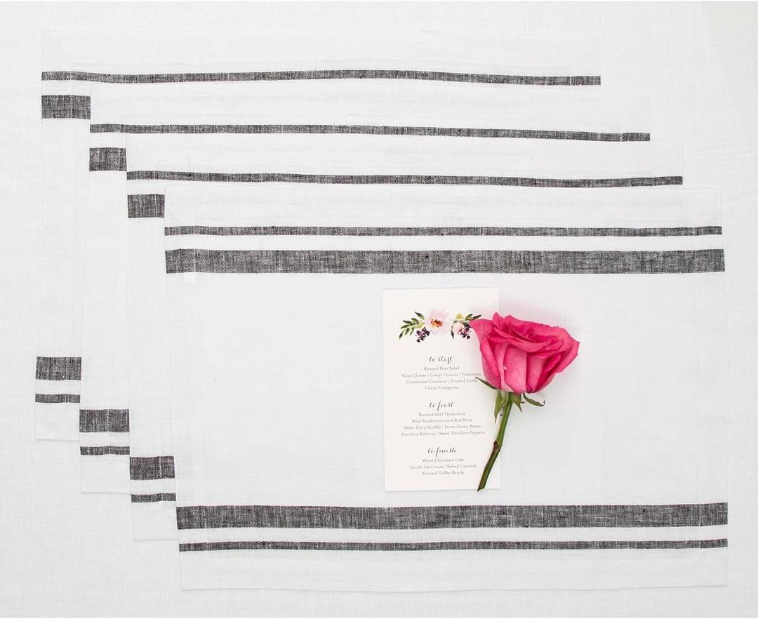 Solino Home Linen Placemats Set of 4 - French Stripe Black and White Placemats 14 x 19 Inch - 100% Pure Linen Table Mats for Spring, Father's Day, Summer