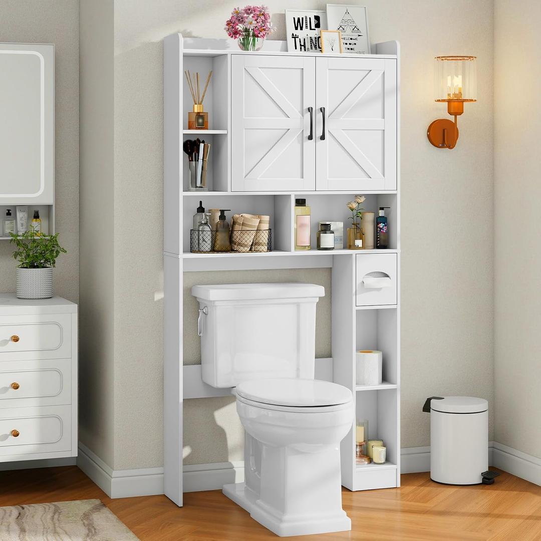 Vabches Over The Toilet Storage Cabinet, Farmhouse Storage Cabinet Over Toilet with 2 Barn Door & Toilet Paper Holder StandHome Space-Saving Toilet Rack, for Bathroom, Restroom, Laundry (White)