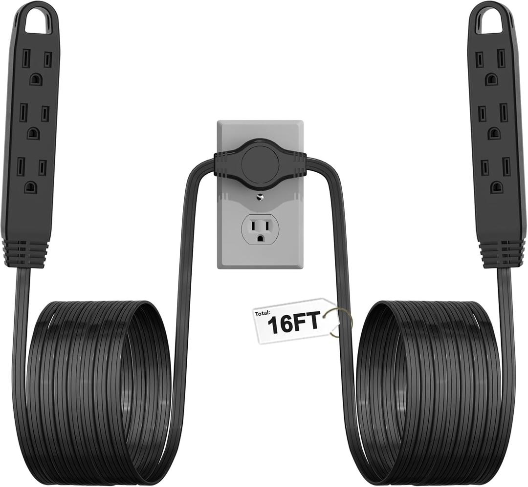 3-Prong 16FT Twin Extension Cord with 6 Outlets - Slim Design for Home Furniture, 16FT Double Cord 8 FT Each Side in Black Color