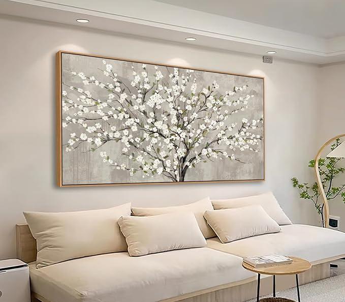 tigeridge Blooming Flower Tree Framed Wall Art - White Blossoms Green Leaves Canvas Pictures Wall Decor Soft Grey Painting Artwork Elegant Floral Prints Living Room Decor 58 x 29in, Natural Wood Frame