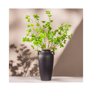 12 Inch Tall Black Ceramic Vase, with 5 Branches of 25 Inch Faux Artificial Vibrant Greenery Stems Set, Textured Minimalist Jug, Fake Stem Plants, Decorative Farmhouse, Console Table Centerpiece Decor
