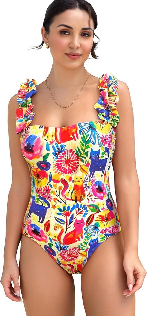SPORLIKE One Piece Swimsuit Women Ruffle Adjustable Straps Bathing Suit Padded Swimwear(Animal Print,Medium)