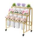 MILEFA Flower Display Stand with 12 Buckets, 3 Layers Flower Bar, Gold Metal Plant Stand with Wheels, Heavy Duty Flower Cart for Indoor Outdoor Patio Garden Wedding Florist, Gold Metal Frame