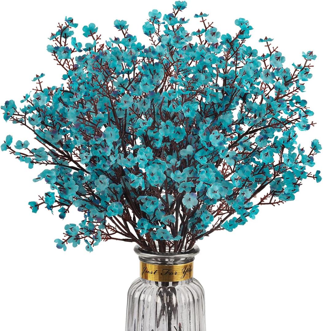 8Pcs Babys Breath Artificial Flowers Silk, Real Touch Peacock Blue Bouquets Flowers for Vase Home Office Wedding Spring Winter Indoor Outdoor Centerpiece Table Mother's Day Decorations