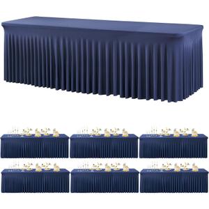 6 Pack Spandex Navy Blue Tablecloths for 8 Foot Rectangle Tables, Wrinkle Free Fitted Table Cloths 8ft Stretchy Table Cover Skirt for Parties Weddings Birthday Banquet Baby Shower