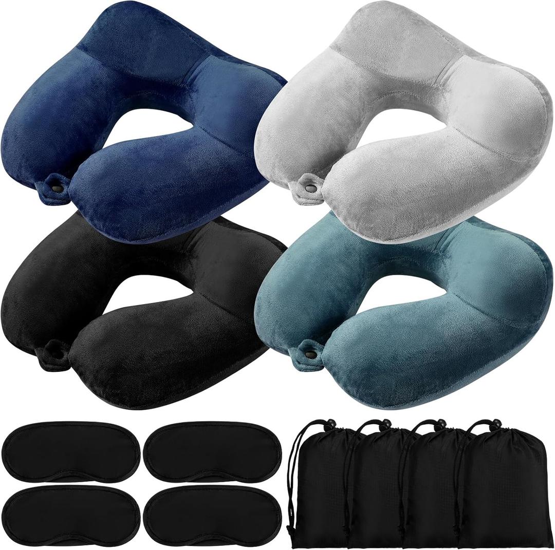 Sintuff 4 Sets Inflatable Travel Pillows for Airplanes with Compact Bag and Blindfold Velvet Inflatable Neck Pillow for Traveling Head Support U Shaped Flight, 12 x 12 x 5.5 Inch