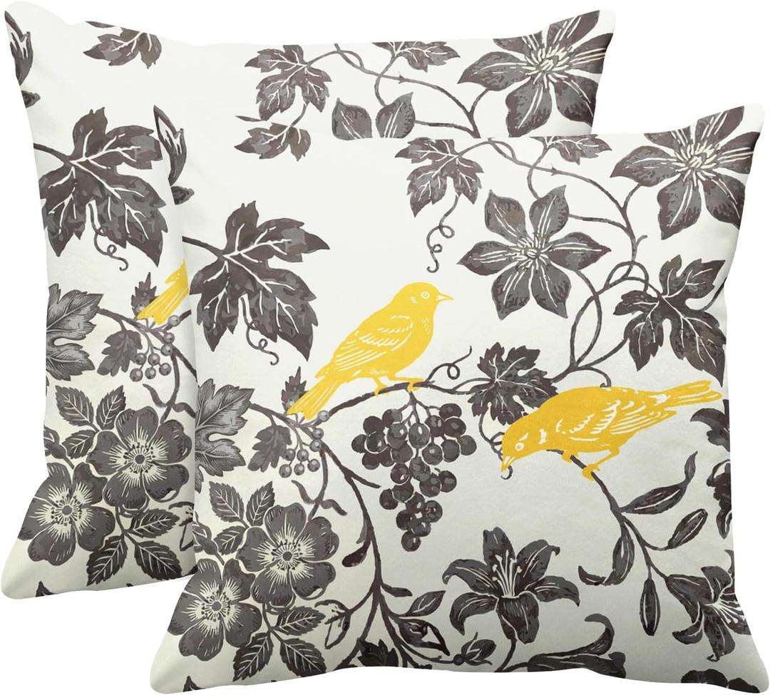 Emvency Set of 2 Floral Throw Pillow Cover Square Size 20x20 Inches Yellow Gray Vintage Bird Ivory Trendy Lumbar Decorative Pillowcase with Hidden Zipper Decor Cushion Gift for Holiday Sofa Bed