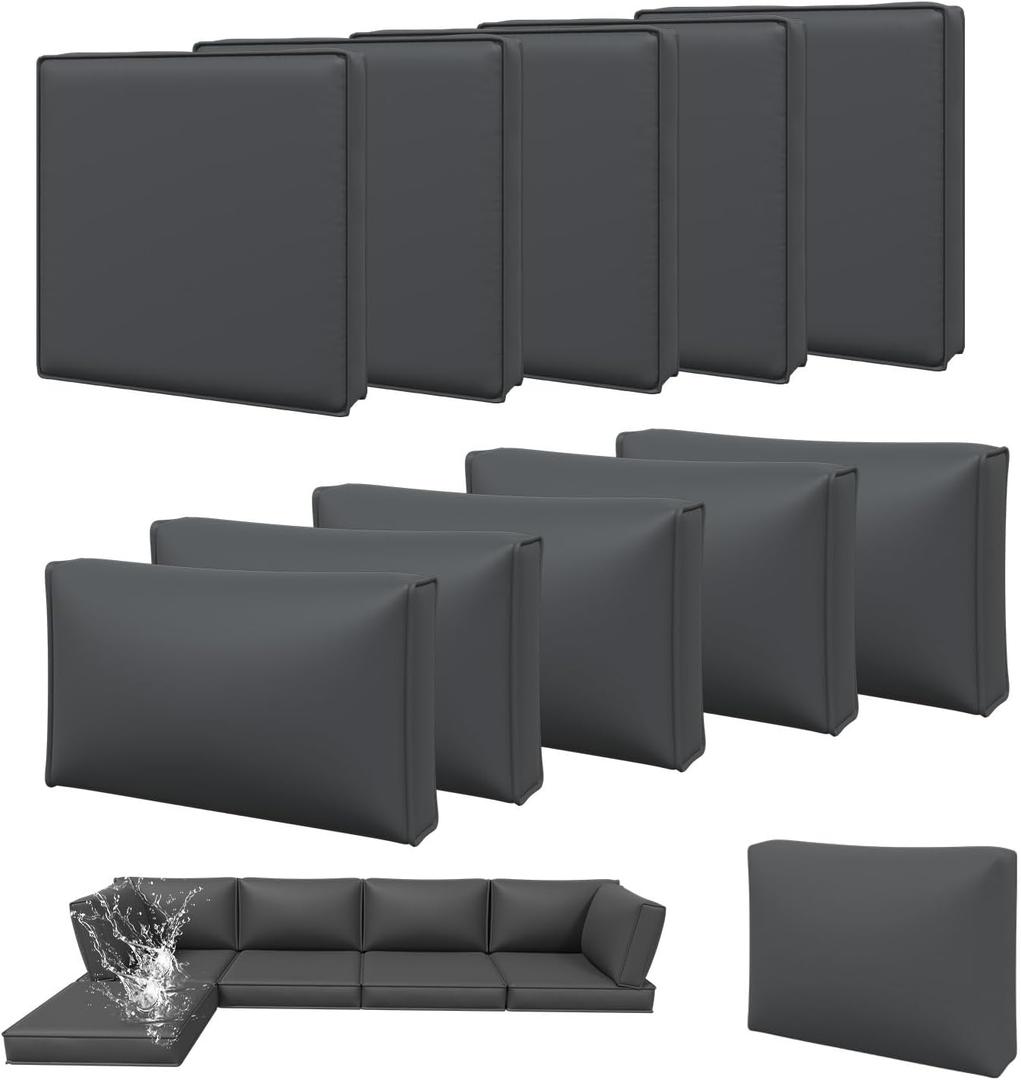 Aoxun 11pcs Patio Cushion Covers Replacement, Waterproof Outdoor Furniture Cushion Covers with Zipper and Non-Slip Bottom, Patio Sofa Couch 3 Sizes for Patio Sectional, Covers Only (Grey)