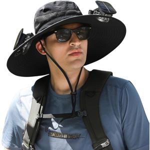 Outdoor Wide Brim Sun Hat with 2 Solar Fan Sun Bucket Hat for Men Women UPF 50+ Bucket Fishing & Beach Hat with Fan Built in