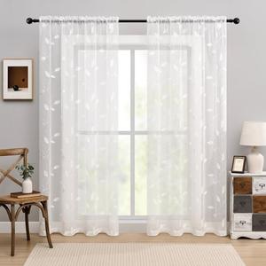 White Embroidered Sheer Curtains 96 Inches Long Leaf Pattern Sheer Curtains for Living Room Bedroom Light Filtering Rod Pocket Natural Botanical Floral Voile Linen Texture Drapes, 2 Panels Set, 50x96