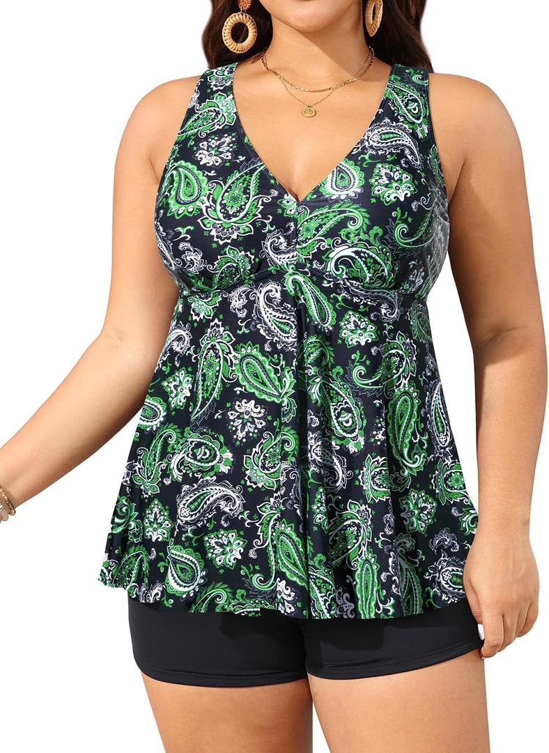 Aqua Eve Plus Size Swimsuits with Shorts Two Piece Tankini for Women Flowy Bathing Suits Athletic Swimwear (Black Green Paisley, 22Plus)