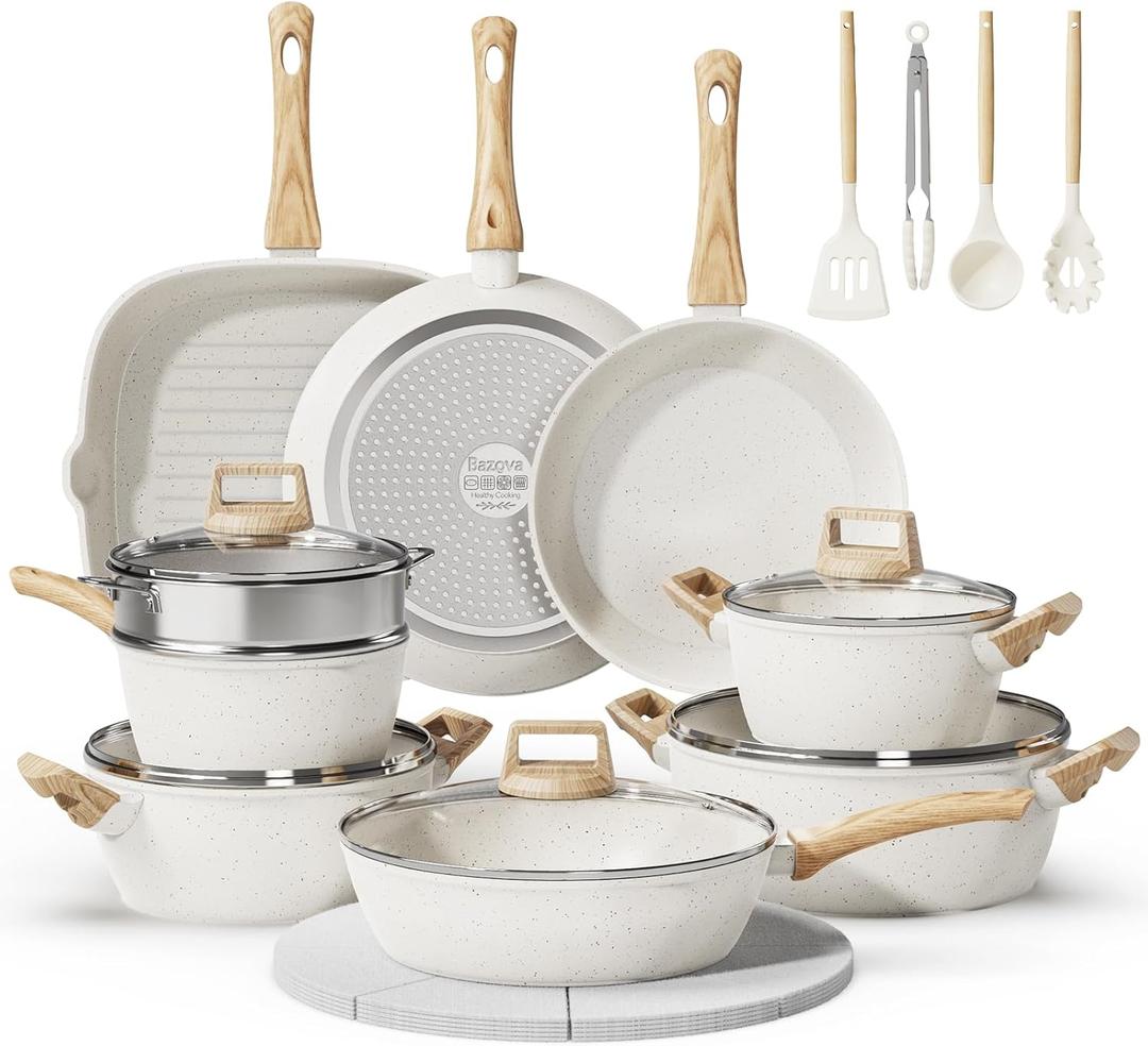 24 Pcs Pots and Pans Set, Non Stick Ceramic Cookware Set with 3 Stockpots, Healthy Non-Toxic, Large Capacity, Induction Compatible, PFAS/PTFE/PFOA Free, Cream White
