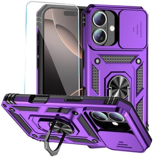 SunStory Phone Case for iPhone 16 Case with HD Screen Protector & Slide Camera Cover & Rotated Ring Kickstand, [Military-Grade] Phone Case for iPhone 16 6.1" (Purple)