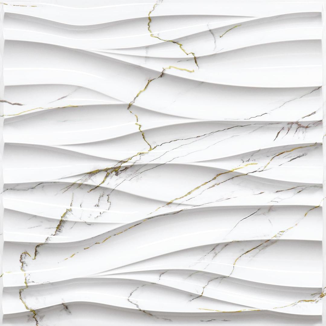 STICKGOO Wave Panels for Interior Decor, White Marble Mixed Gold Thread 3D Accent Wall, Decorative PVC Panels for Living Room Bedroom TV Background