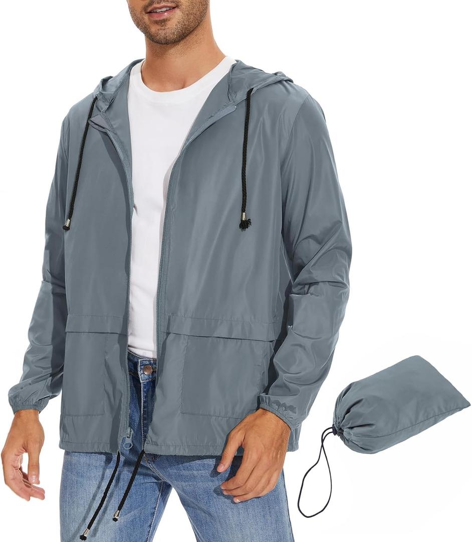 Zando Packable Mens Rain Jacket Lightweight Raincoat Waterproof with Hood Outdoor Windbreaker Jacket Travel Rain Jackets (Large, 05 Light Gray)