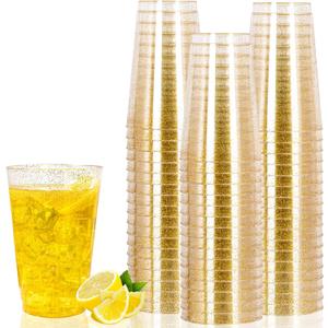 I00000 49 Pack 18 oz Gold Plastic Cups, Gold Glitter Cups Disposable Plastic Wine Glasses Cocktail Glasses Premium Cup, 18 Ounce Glitter Disposable Tumblers for Party & Wedding