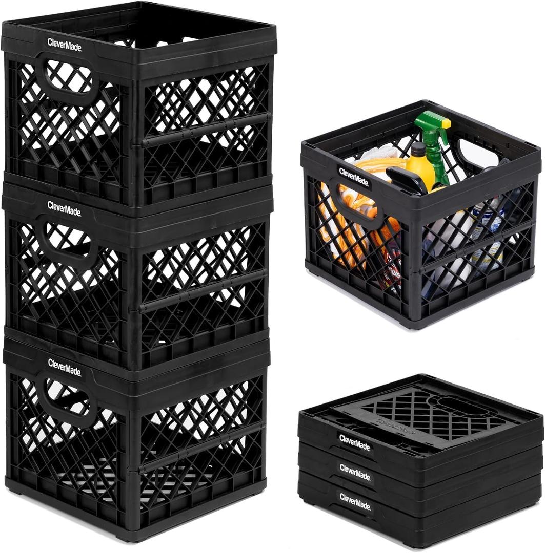 CleverMade Collapsible Milk Crate 25L (6.6 Gal) 3 Pack, 50 lb Capacity Heavy Duty Folding Crate  Stackable Storage Crates with File Rails, Plastic Collapsible Crates - Obsidian