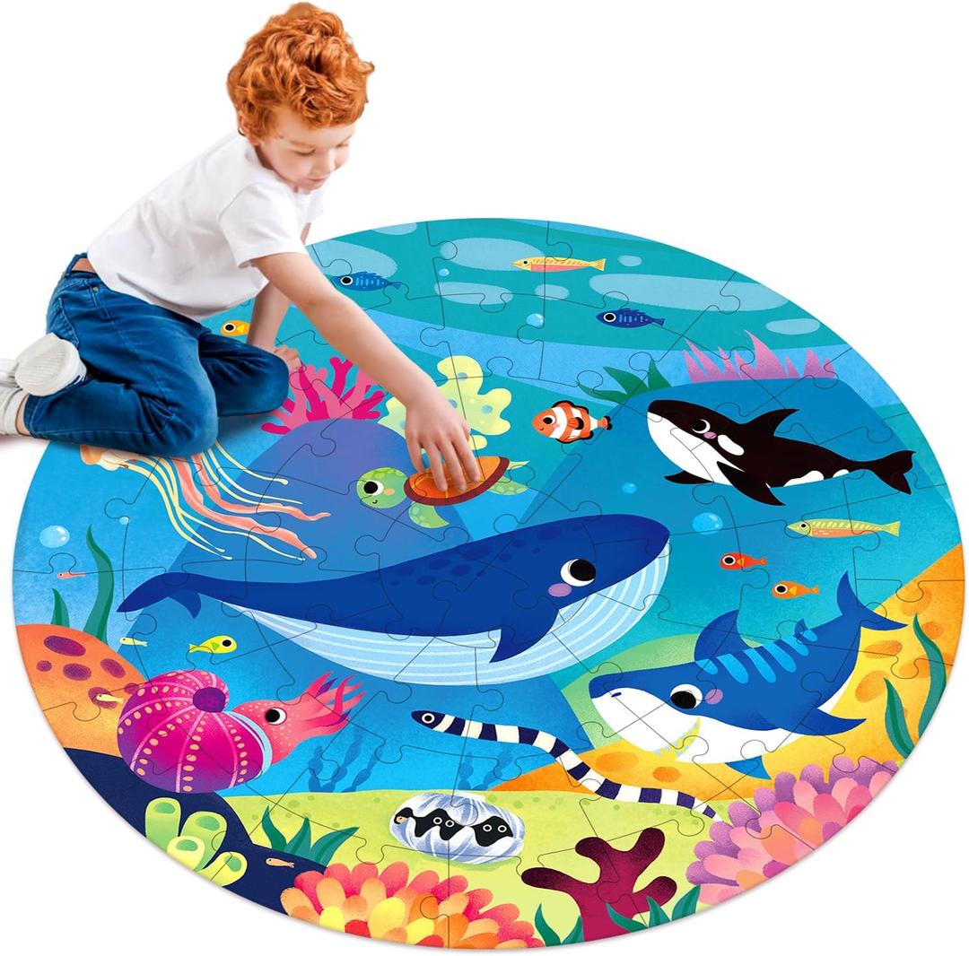 Floor Puzzles for Kids Ages 4-8, Ocean Animal Large 48 Piece Round Wooden Puzzles for Kids Ages 3-5, Educational Toys Wooden Jigsaw Puzzle for 6 7 8 Year Old