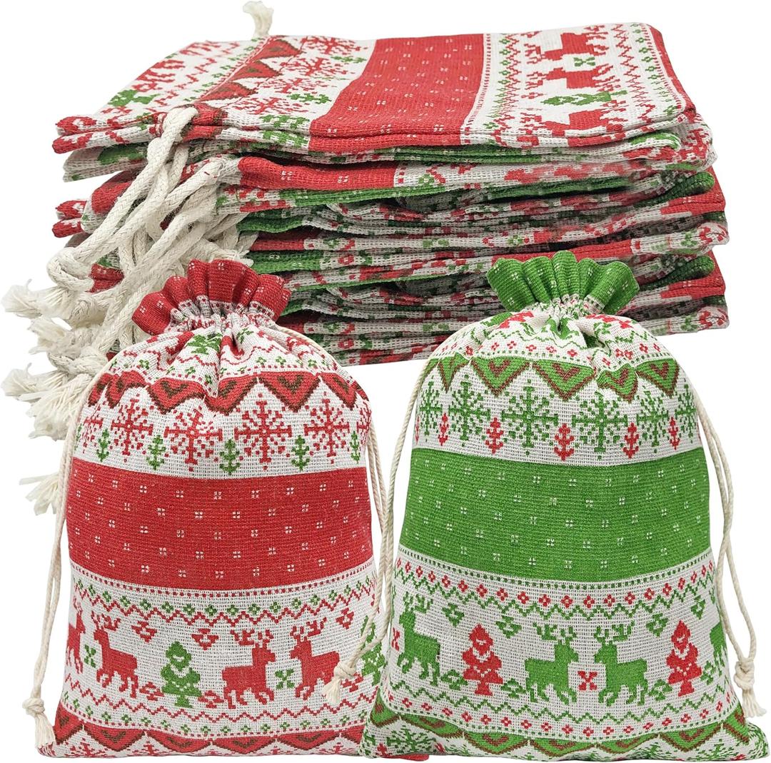 Jexila 24PCS Christmas Burlap Gift Bags 6X9 Inch Large Christmas Drawstring Goody Candy Treat Bags Reusable Christmas Linen Party Favor Pouch Jute Holiday Small Presents Wrapping Bags