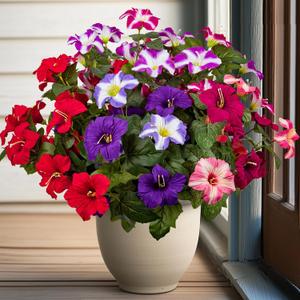 3 x 19 Inch Artificial Fake Flowers for Outdoor,4 Pcs Faux Silk Petunias Spring Flowers for Outside for Indoor Porch Planter Front Door Garden Patio Window Box Home Decor(Multiple Color)