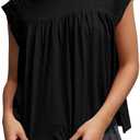 Smocked Pleated Blouse for Women Summer Ruffle Crewneck Cap Sleeve Shirts 2025 Trendy Solid Loose Fit Casual Tops (Large, Black)