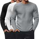 Ficerd 3 Pack Men's Waffle Long Sleeve Shirts, Crew Neck Thermal Underwear Tops Casual Pullover Sweaters Knit Undershirts (Large, Black, White, Gray)