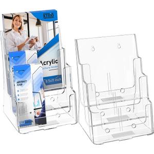 KTRIO Acrylic Brochure Holder 8.5 x 11, 3 Tier Literature & Pamphlet Organizer with Removable Divider for 4 Inch Flyers, Clear Display Stand for Desk & Wall Mount, 2 Pack