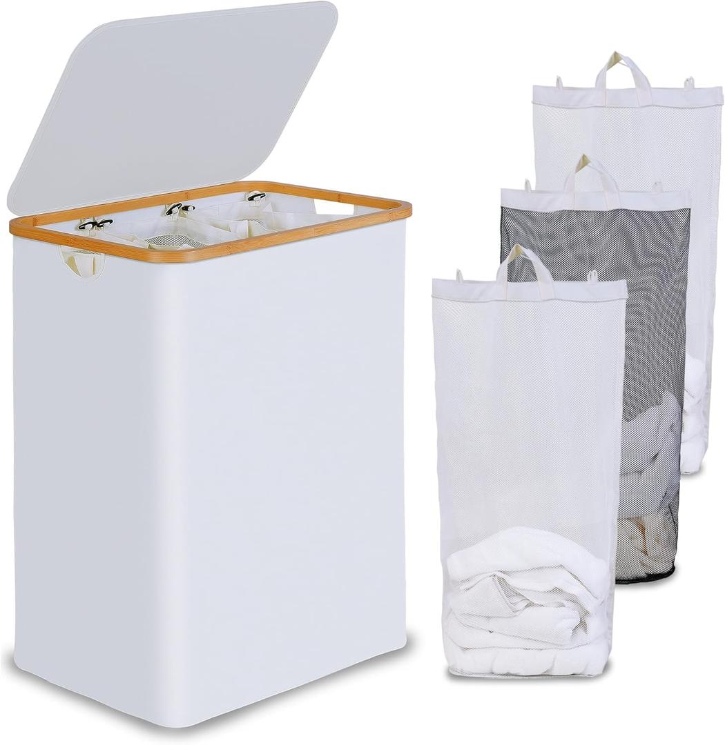 efluky Laundry Hamper with Lid, Double Laundry Hamper with 2 Removable Bags, 2 Section Laundry Basket with Bamboo Handles for Bathroom, Bedroom & Laundry Room (White, 160L Trio)