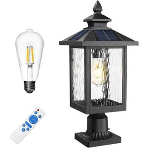 FEMILA Solar Post Lights Outdoor, 20" Dusk to Dawn Outdoor Column Lights Aluminum Glass Solar Lamp Post for Garden Patio Driveway, with Remote Control, 4FYX88P-L SL BK SW, 19.7"