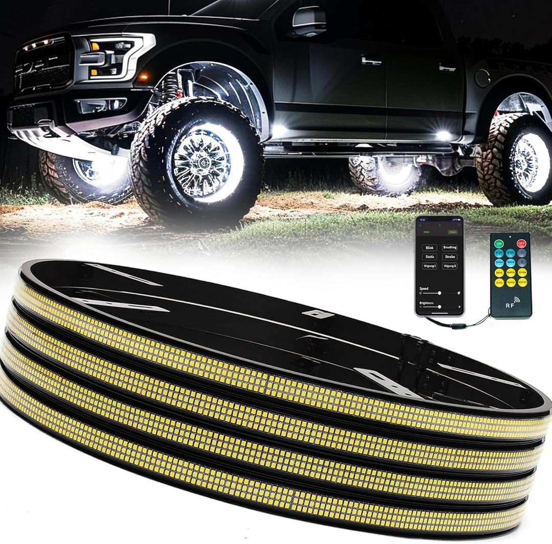 4PCS 17" Ultra-Bright 3920 LEDs Triple Row Pure White Wheel Lights for Truck Car,APP & RF Remote Control Wheel Weel Ring Rim Lighting kit with Strobe Blink Modes,Waterproof IP68,12V