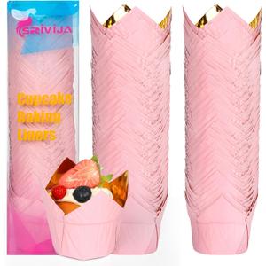 Gold Tulip Cupcake Liners 100 Pcs Baking Paper Cups Holders Greaseproof Muffin Cases Wrappers for Wedding Birthday Party Baby Shower(Pink Gold)