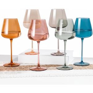 Colored Glasses Set of 6, Hand Blown Large Colorful Glass 18Oz, Lead-Free Premium Crystal Long Stem and Thanksgiving Glass, Valentine's Day and New Year gifts