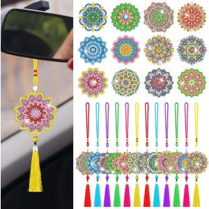 JenPen 12 Pcs Diamond Painting Car Ornaments Diamond Art Ornament for Car Double Sided Painting Hanging Ornament Crystal Gem Garden Decoration Paint DIY Kit (Classic Mandala)