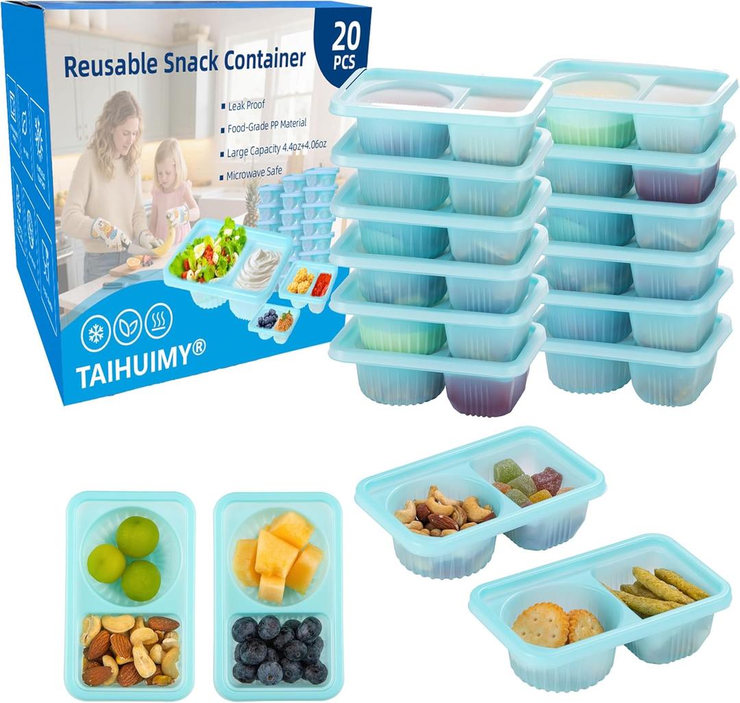TAIHUIMY 8.4 OZ Reusable Snack Containers with Lids for Kid, New 2 Compartment Large Capacity Condiment Condiment Portion Control Containers for School lunch, Go out Travel, Party (20)