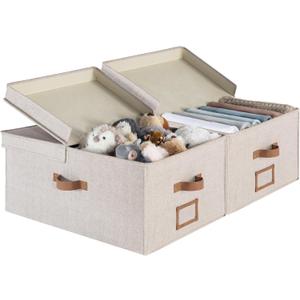 StorageWorks Extra Large Storage Bins with Lids, 55L Decorative Organizer with Divider Board, Fabric Boxes with Handles, Mixing of Brown & Beige, 2-Pack (Jumbo)