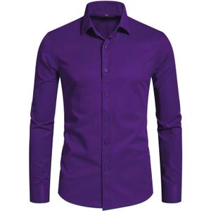 BEILU Stretch Mens Slim Fit Dress Shirts Formal Long Sleeve Button Down Shirts (Purple, L)