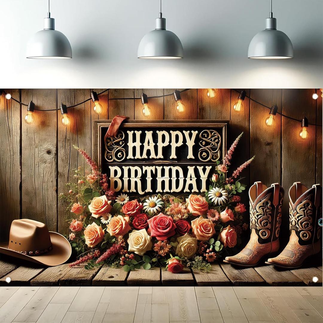 Western Cowboy Birthday Backdrop Wild West Rustic Happy Birthday Decorations Banner with Hat Boots Wood Wall Background for Adults Men Women Birthday Party Photography Props 71 x 43 Inch