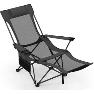 Reclining Camping Chair with Foot Rest, Folding Lounge Chair for Adults, w/Adjustable Backrest, Storage Bag & Cup Holder, Portable Recliner Beach Chair Outdoor Camp Picnics, 330 LBS (1, Grey)